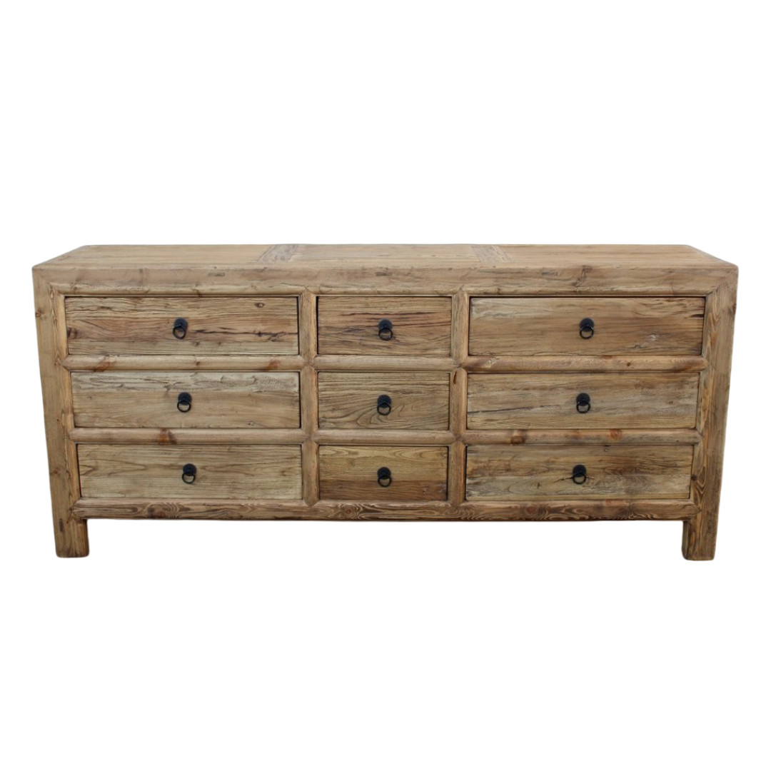 FURN376 LARGE NATURAL WOOD 9 DRAWER BUFFET 90X200X48CM R24998 LARGE NATURAL WOOD 9 DRAWER BUFFET 90X200X48CM